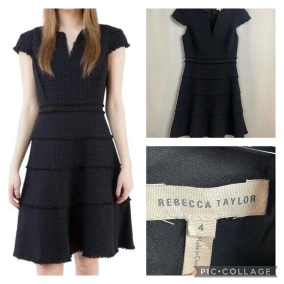 Rebecca Taylor Dresses & Skirts - Rebecca Taylor Navy/Black Tiered Tweed Knit Fit & Flare Cap Sleeve Dress 4